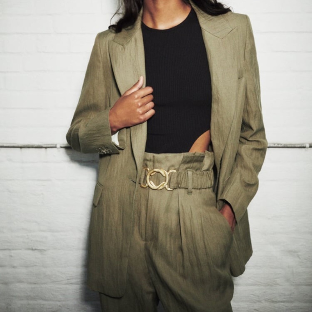 Zara Wrinkle Effect Khaki Blazer